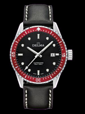 Delma Cayman Dive Watch - Black with Red Bezel